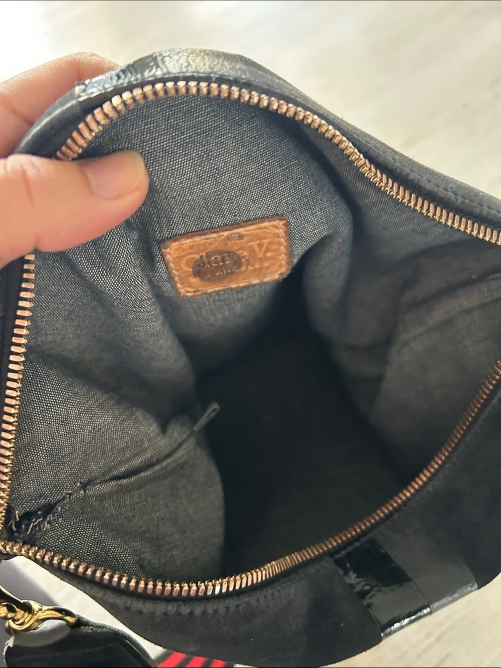 Clare V Black Suede Crossbody Bag with Red-Striped Strap